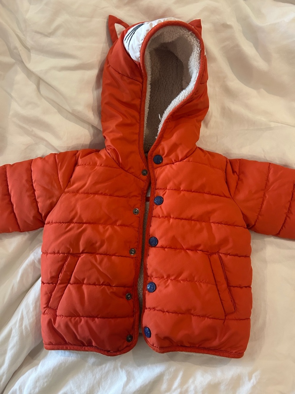 Baby Boden Orange Puffer Jacket with Hood and Ears fox 12M 18M